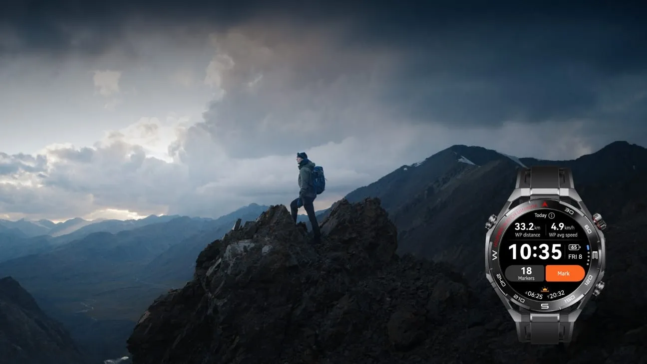 HUAWEI WATCH Ultimate 2 in green with fitness tracking display on a mountain peak adventure backdrop.