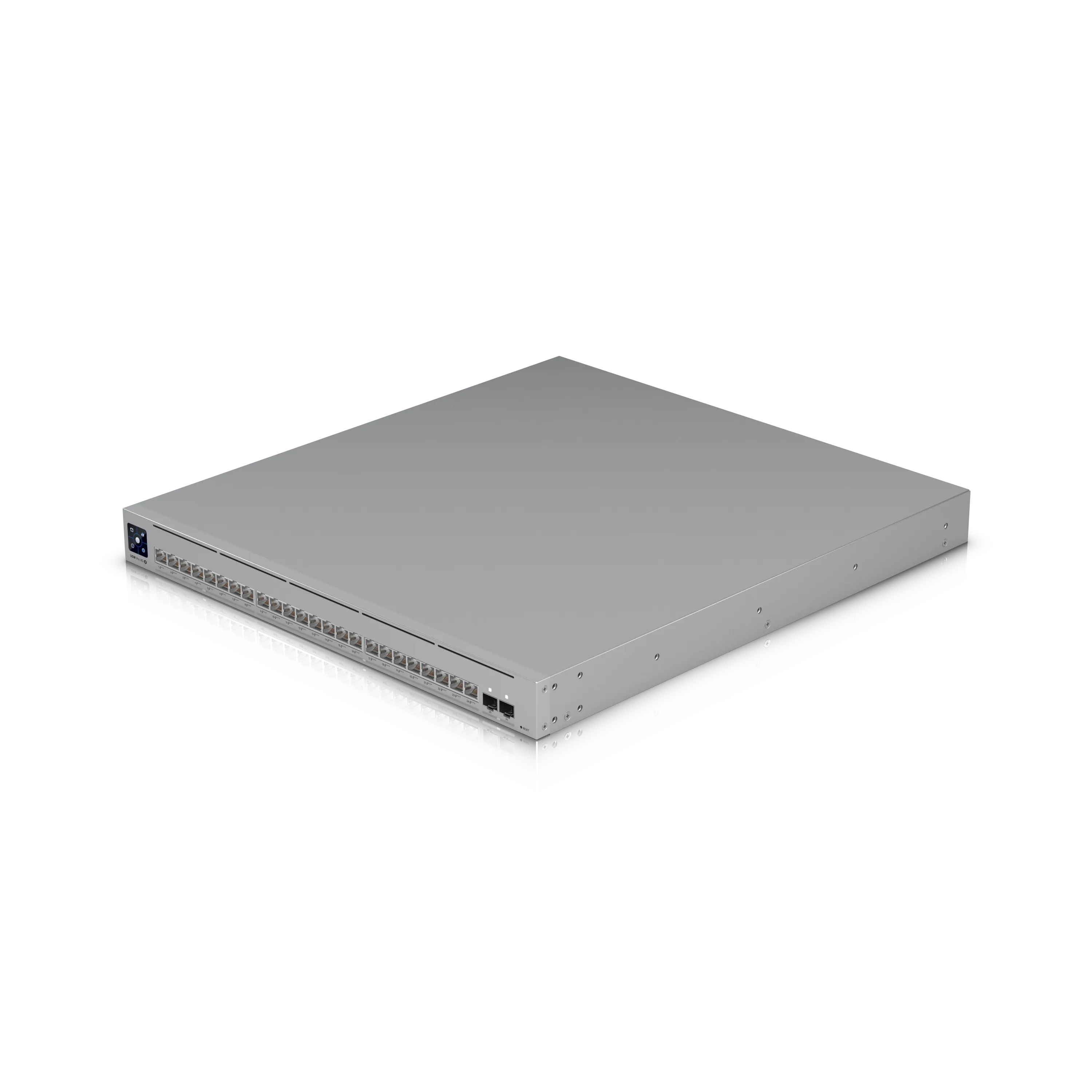 Ubiquiti UniFi Switch USW-Pro-XG-24 mit silbernem Rack-Gehäuse, zwei Reihen RJ45-Ports und SFP+-Slots vor schwarzem Ubiquiti UniFi Switch USW-Pro-XG-24 mit silbernem Rack-Gehäuse, zwei Reihen RJ45-Ports und SFP+-Slots vor schwarzem