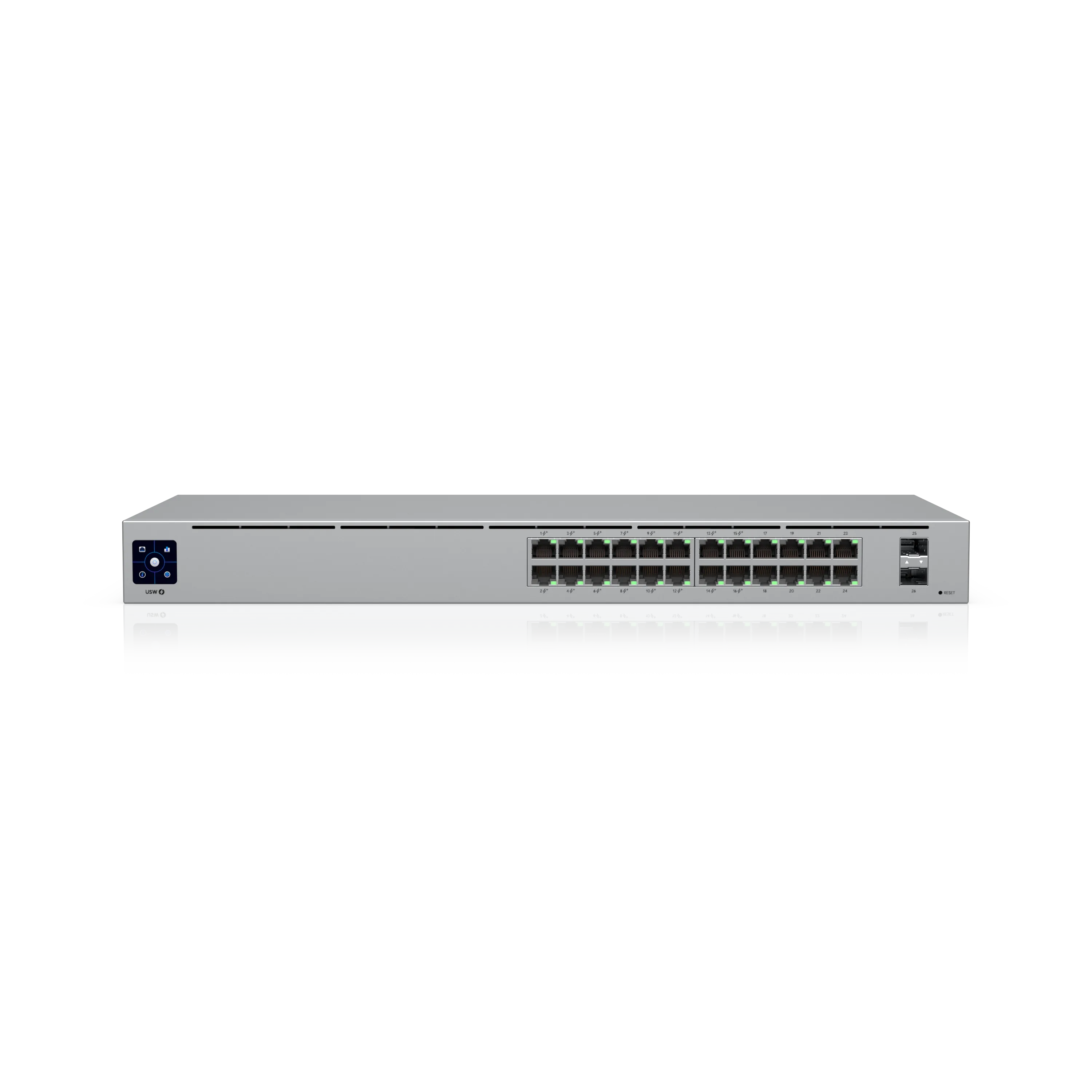 Commutateur réseau UBIQUITI USW-24-POE-EU 24 ports PoE avec écran et ports SFP en rack sur fond noir réfléchissant.