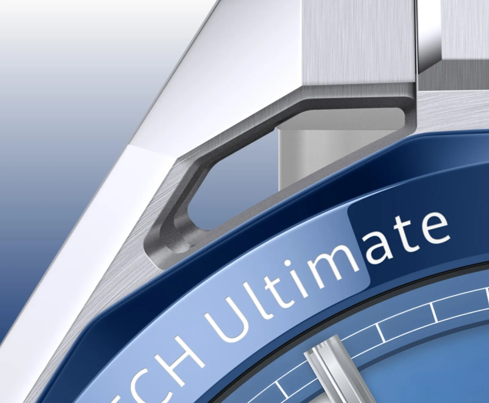 HUAWEI WATCH Ultimate 2 March-B29 in Blue and White Fluoroelast, close-up of blue bezel with CH Ultimate text and brushed
