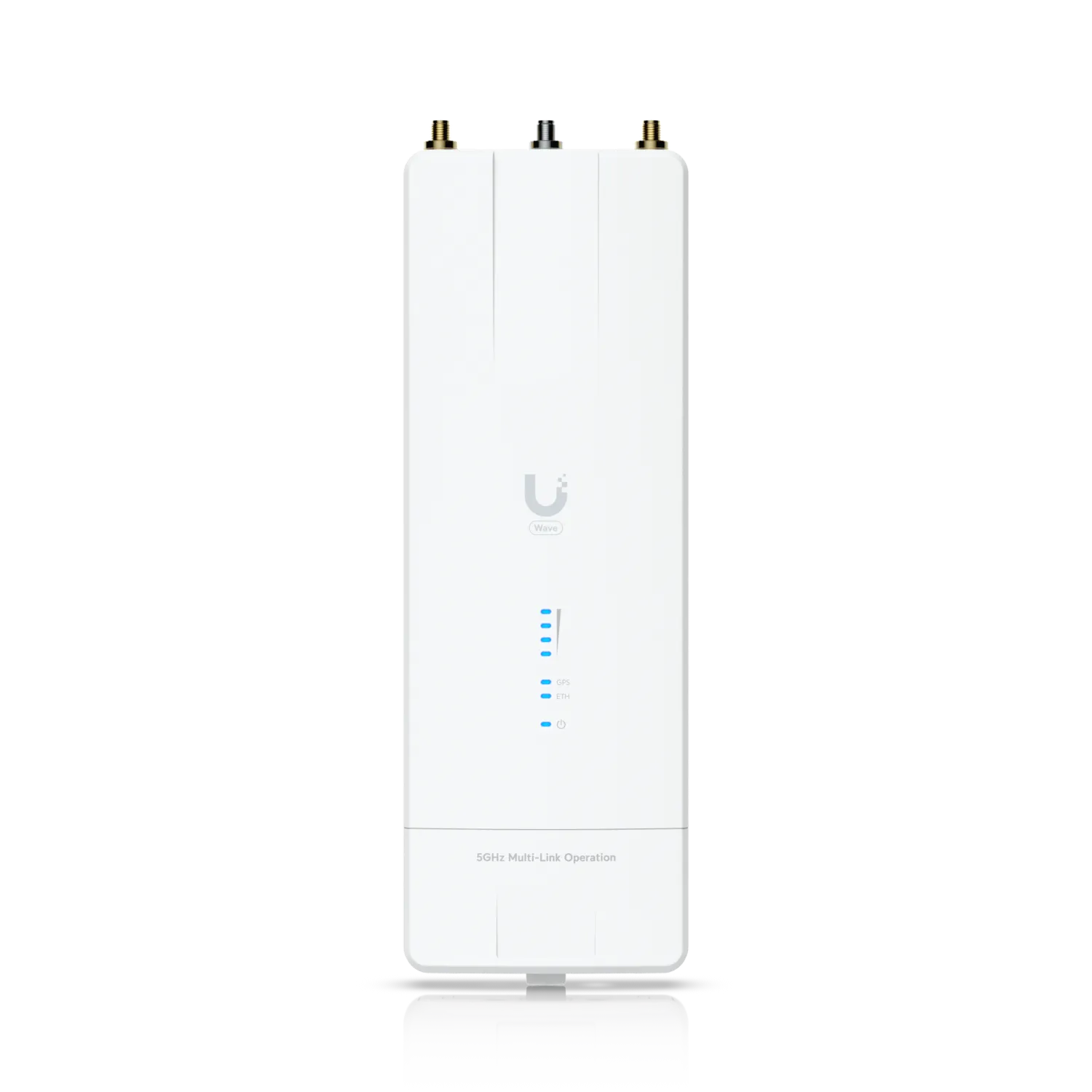 Ubiquiti Wave MLO5 Funkmodul mit 5 GHz, 5+ Gbps, 10 GbE- und SFP+-Anschluss, blaue LED-Anzeige auf schwarzem Hintergrund.