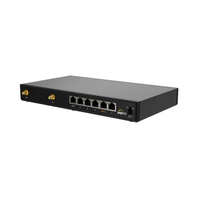 Dispositivo EssentialCare+ (4 años) para FlexModule Plus 2x 5G, router negro con conectores de antena dorados, 6 puertos