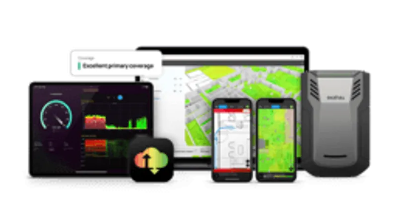 Ekahau Sidekick V2 2.4/5/6GHz Wi-Fi analyzer with tablet, smartphones, and laptop showing network heatmaps and signal