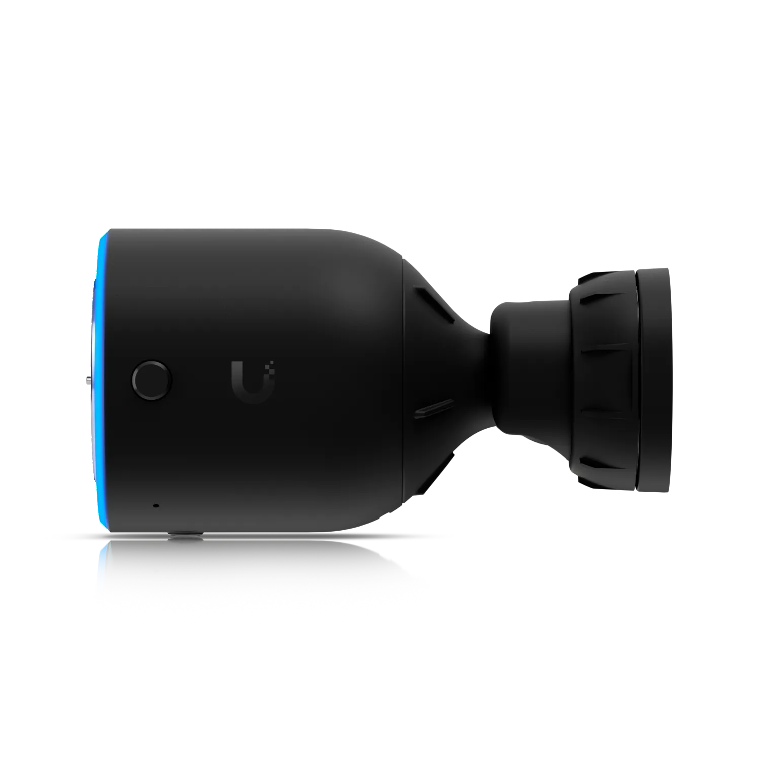 Ubiquiti UVC-AI-DSLR security camera with blue LED ring and side U logo, side view for surveillance setup. Ubiquiti UVC-AI-DSLR security camera with blue LED ring and side U logo, side view for surveillance setup.
