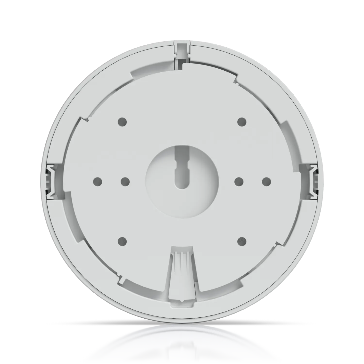 Ubiquiti UVC-AI-Dome 4K PoE-Kamera Rückseite mit zentralem Schlüsselloch, sechs Schraublöchern, Kabelclip und Montagenut Ubiquiti UVC-AI-Dome 4K PoE-Kamera Rückseite mit zentralem Schlüsselloch, sechs Schraublöchern, Kabelclip und Montagenut