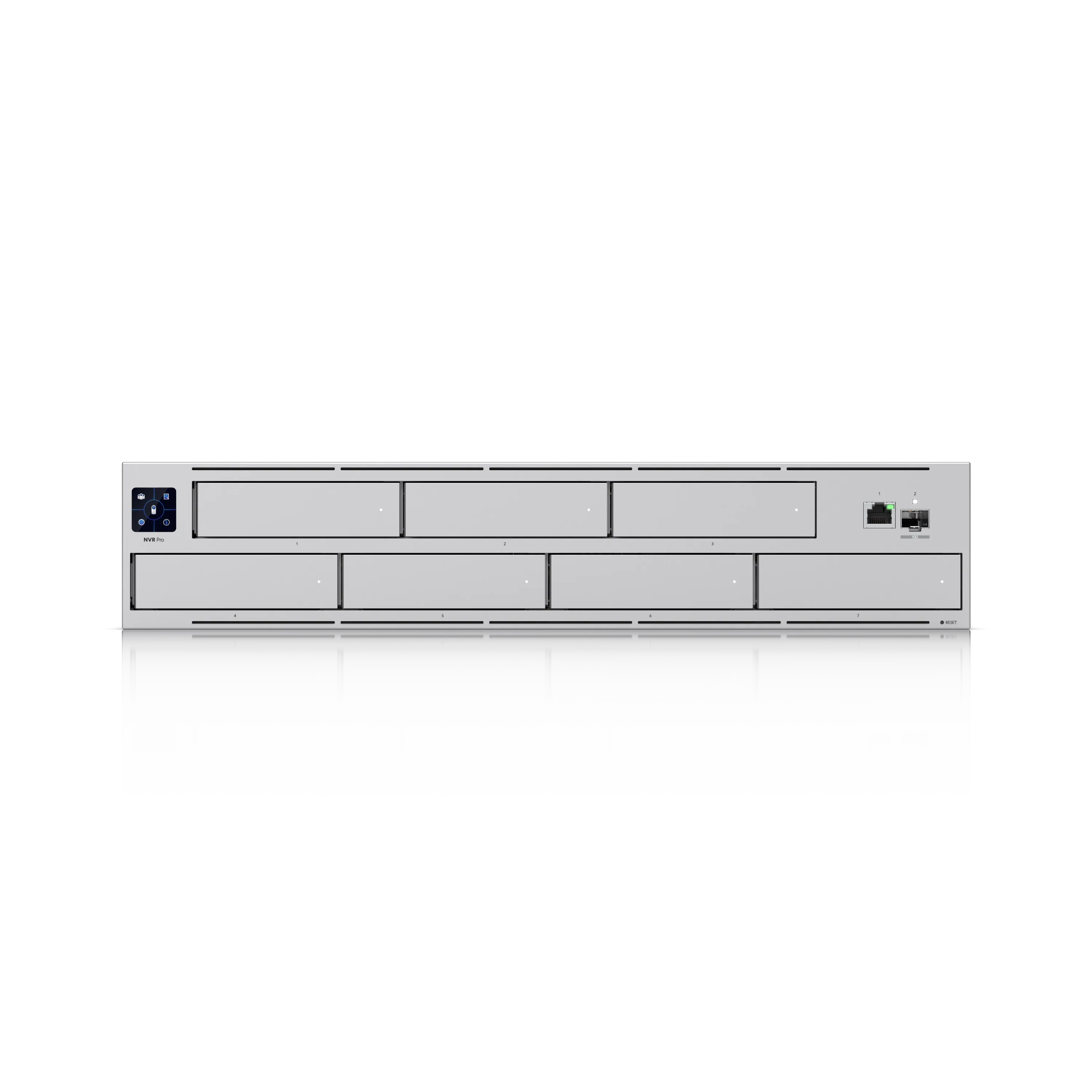 Ubiquiti UniFi UNVR-PRO 7-Bay Netzwerk-Videorekorder, Frontansicht mit sieben Laufwerksschächten, Display und