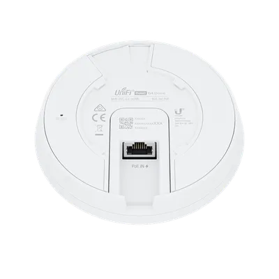 Caméra Ubiquiti UVC-G4-PTZ 4K industrielle, vue arrière du socle blanc avec port PoE IN, bouton reset et étiquette UniFi Caméra Ubiquiti UVC-G4-PTZ 4K industrielle, vue arrière du socle blanc avec port PoE IN, bouton reset et étiquette UniFi