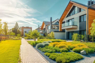 Weiße Poynting A-OMNI-0121-01-V3 LTE-Antenne an modernem Wohnhaus mit Holz- und Graufassade in gepflegter Gartenanlage.