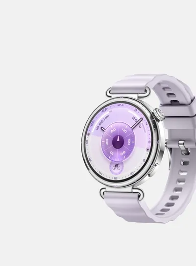 Huawei WATCH GT6 41mm in purple fluoroelastomer strap with silver bezel and analog-style dial on wrist-ready display.