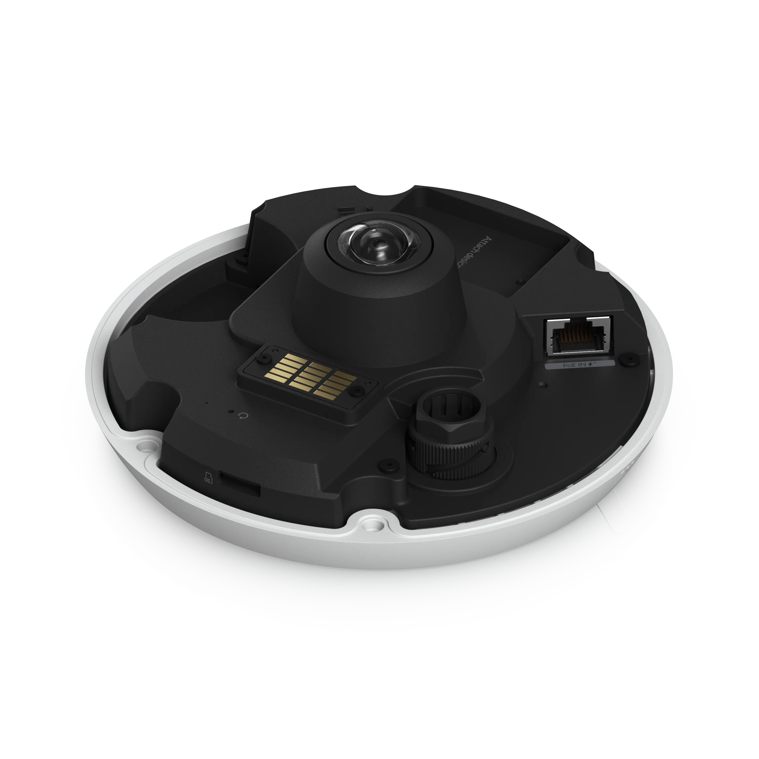 Ubiquiti UVC-G6-Pro-360-B Kuppelkamera mit Montageplatte, PoE-Ethernetanschluss und Justierknopf in Schwarz-Weiß-Design.