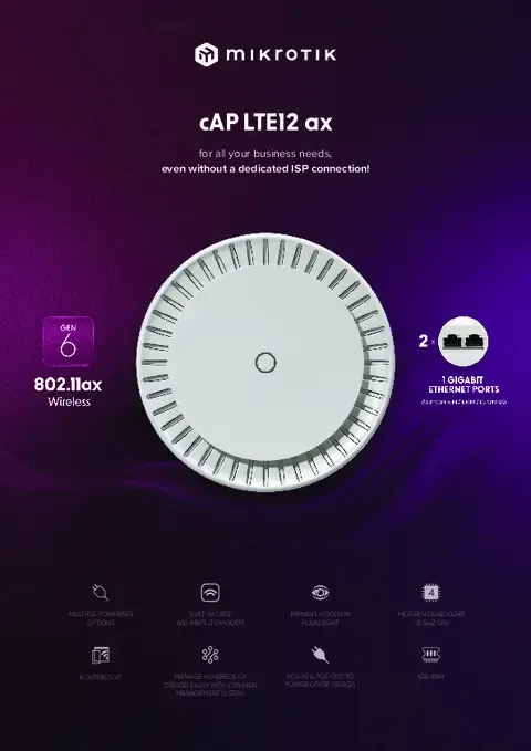 cAP LTE12 ax mit IPQ-6010 CPU, 1Gb RAM, 2x LAN, PoE, RouterOS v7 L4 cAP LTE12 ax mit IPQ-6010 CPU, 1Gb RAM, 2x LAN, PoE, RouterOS v7 L4