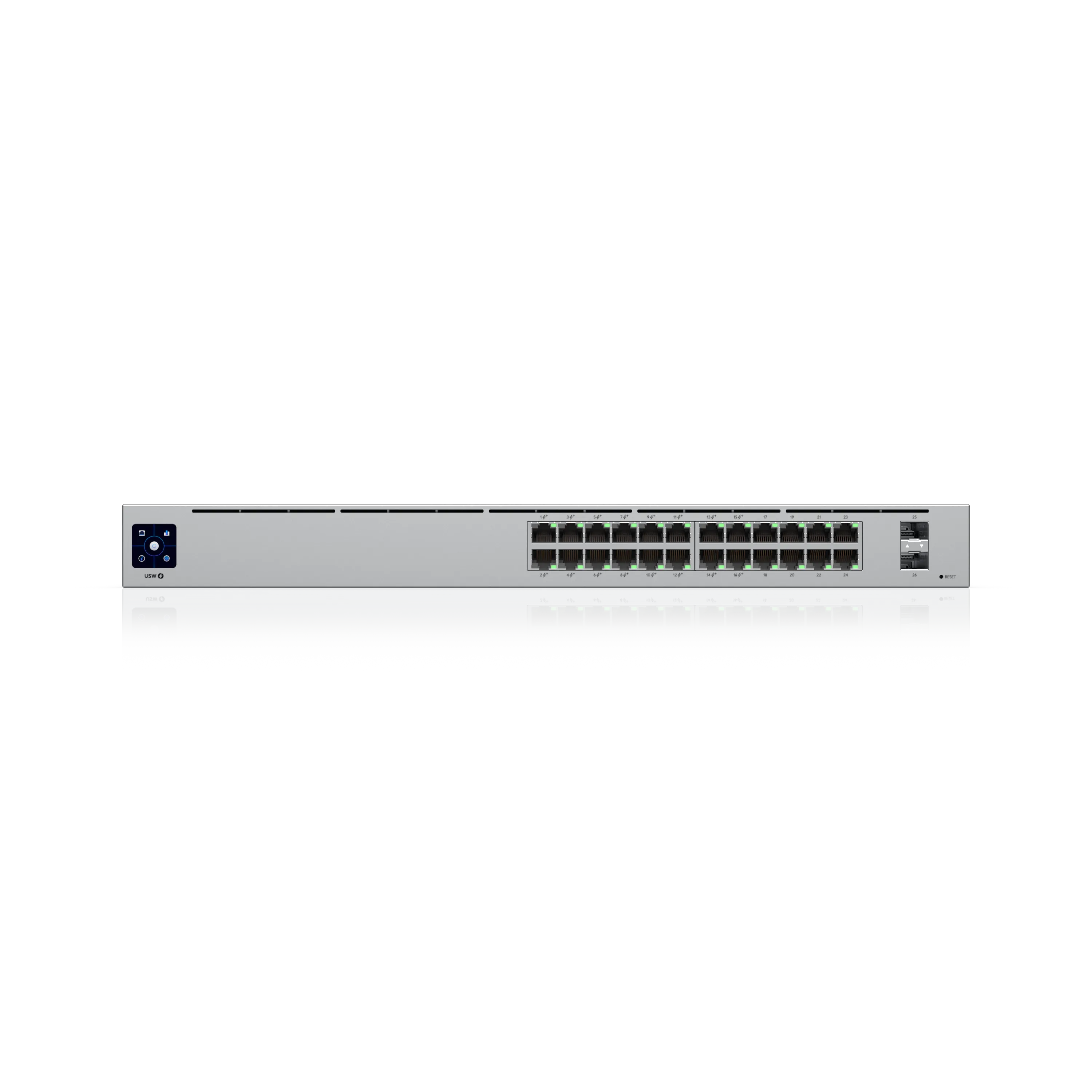 Commutateur réseau UBIQUITI USW-24-POE-EU 24 ports PoE avec écran et ports SFP en rack sur fond noir.