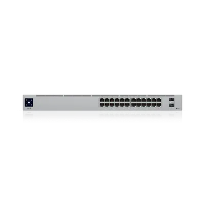 UBIQUITI USW-24-POE-EU Netzwerk-Switch mit 24 PoE-Ethernet-Ports, 2 SFP-Anschlüssen und Display in silbernem Rack-Gehäuse
