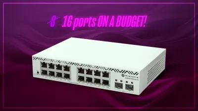 MikroTik CSS318-16G-2S+IN Switch mit 16 Gigabit-Ports, 2 SFP+-Slots und Rackmontage-Kit in lila Design-Hintergrund