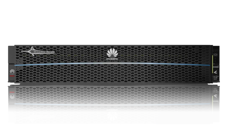 HUAWEI OceanStor Dorado 2020 2U Dual-Controller-Speichersystem mit schwarzem Frontpanel, blauen Akzenten und Huawei-Logo in