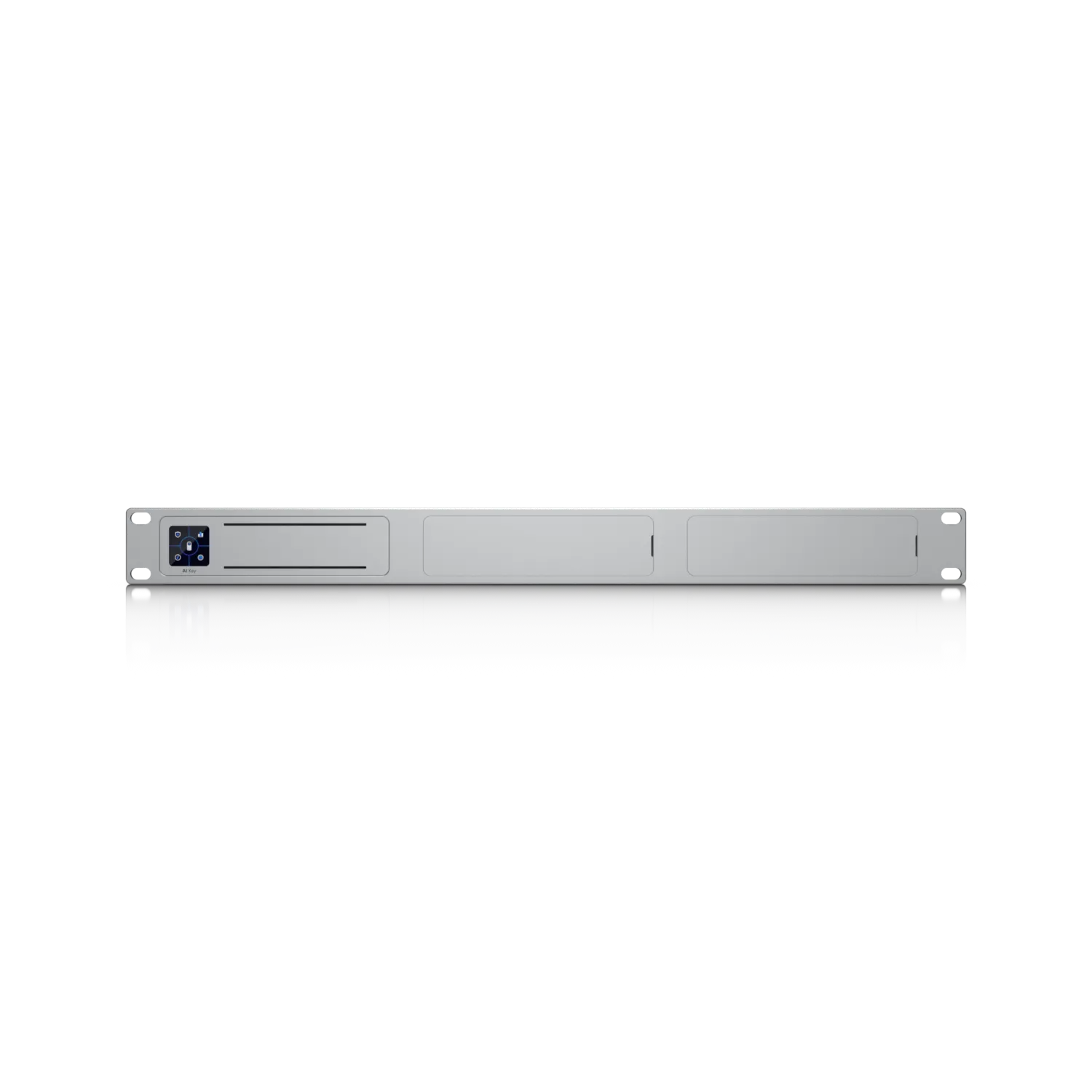 Ubiquiti AI Key Rack Mount UACC-AI-Key-RM silbernes 19-Zoll-Rackgehäuse mit Display links Padlock-Symbol und zwei