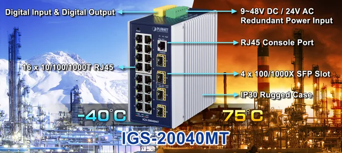 PLANET Industrial 16-Port 10/100/1000T + 4 100/1000X SFP PLANET Industrial 16-Port 10/100/1000T + 4 100/1000X SFP