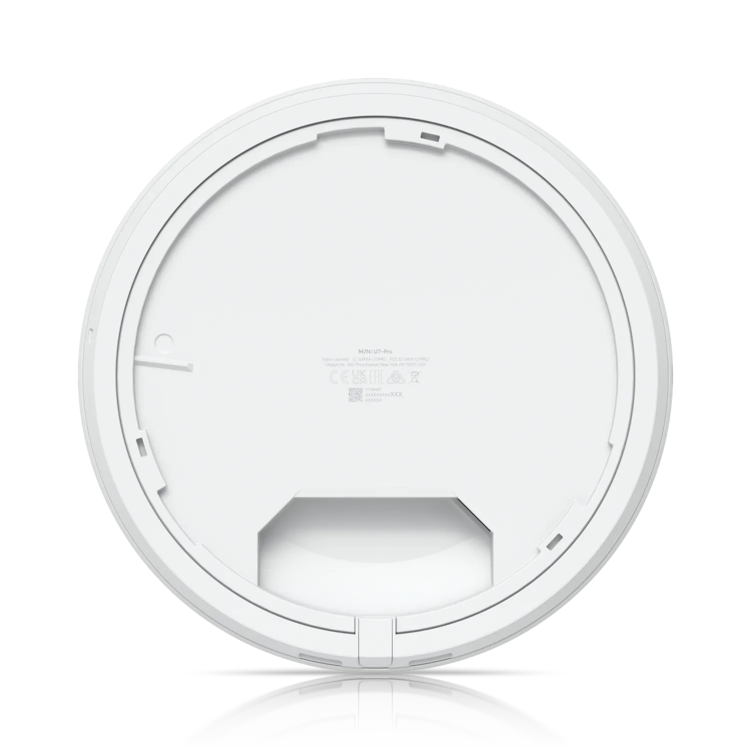 Ubiquiti U7 Paintable Cover, rear view of circular white cover with regulatory text, recessed mounting slot, and reflective Ubiquiti U7 Paintable Cover, rear view of circular white cover with regulatory text, recessed mounting slot, and reflective