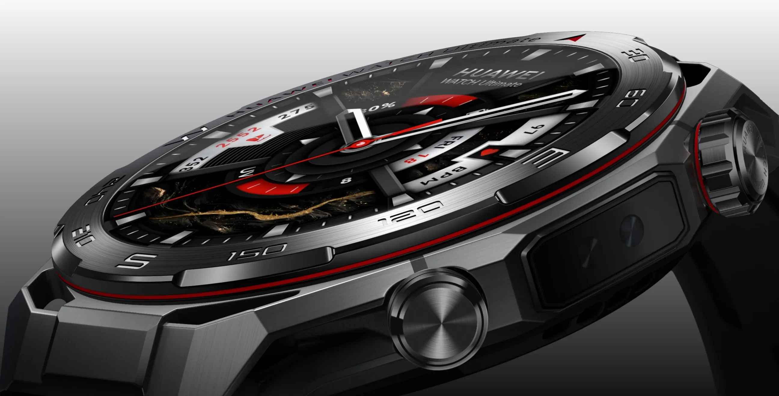 HUAWEI WATCH Ultimate 2 March-B29 in Blue and White Fluoroelast with dark metallic casing, red bezel accent, and