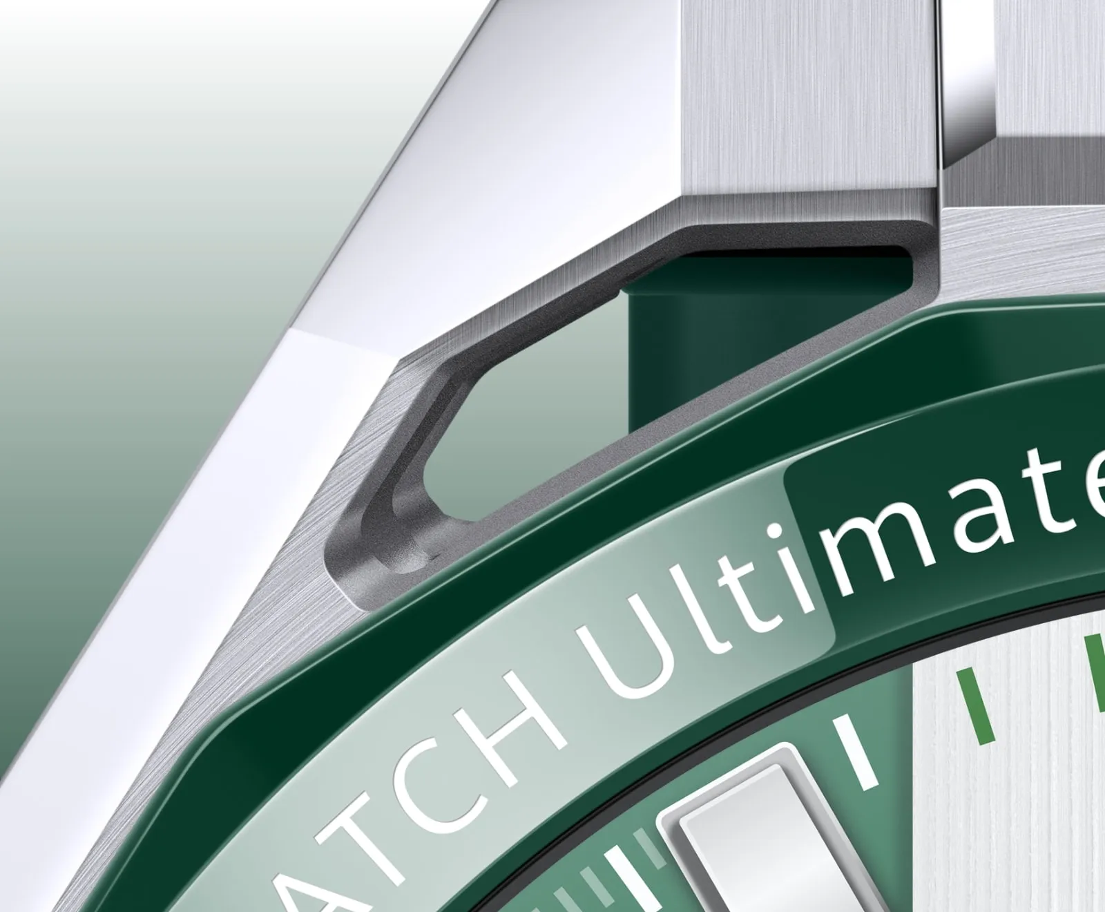 HUAWEI WATCH Ultimate 2 March-B29, close-up of brushed silver frame and dark green ceramic bezel with WATCH Ultimate text