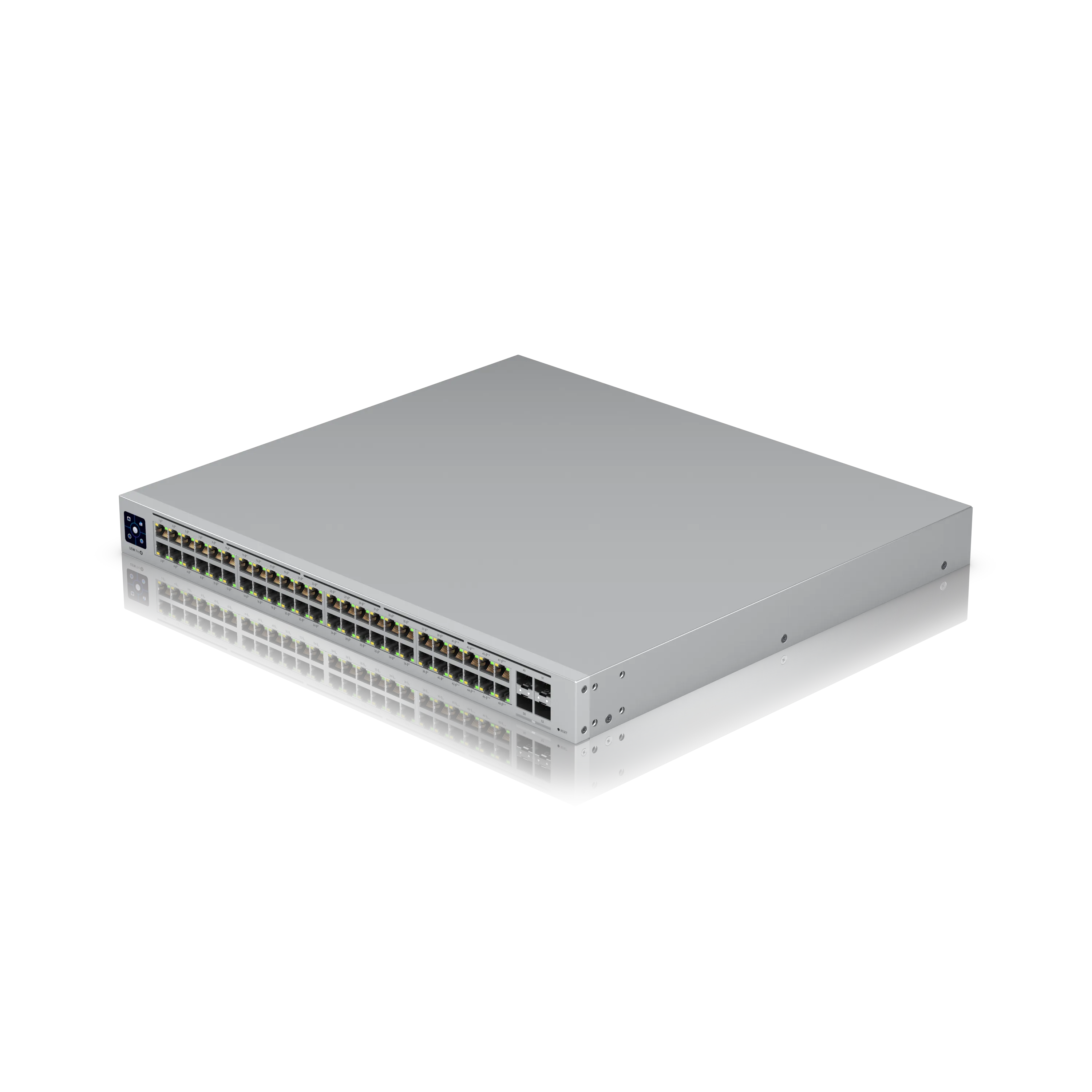 Ubiquiti UniFi Switch USW-Pro-48-POE Gen2 600W PoE mit 48 RJ45- und SFP+-Ports in silbernem Rackmount-Gehäuse vor schwarzem Ubiquiti UniFi Switch USW-Pro-48-POE Gen2 600W PoE mit 48 RJ45- und SFP+-Ports in silbernem Rackmount-Gehäuse vor schwarzem