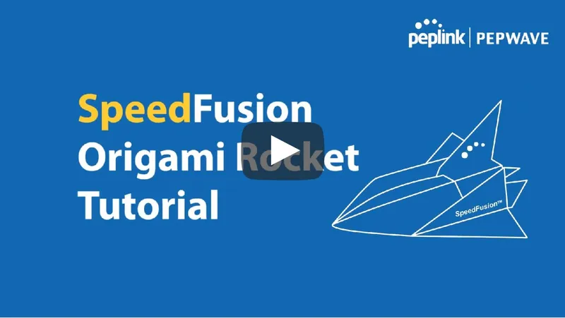 SpeedFusion Relay License (10-Peer) auf blauem Hintergrund mit Pepwave-Logo, SpeedFusion Origami-Raketen-Tutorial und