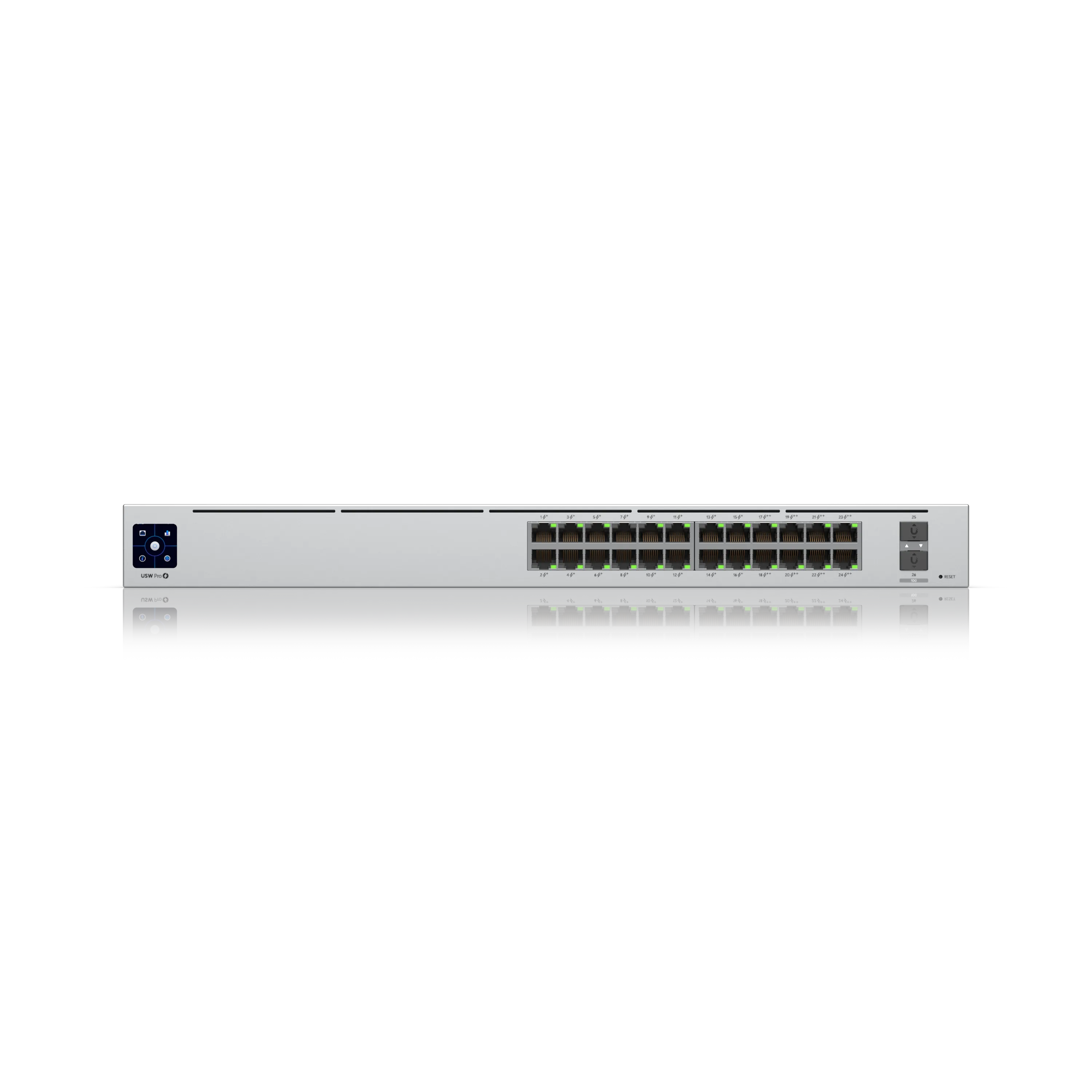 Ubiquiti UniFi Switch USW-Pro-24-POE Gen2 mit 24 PoE-Ports, silbernem Gehäuse, Touchscreen-Display und 400W Leistung für