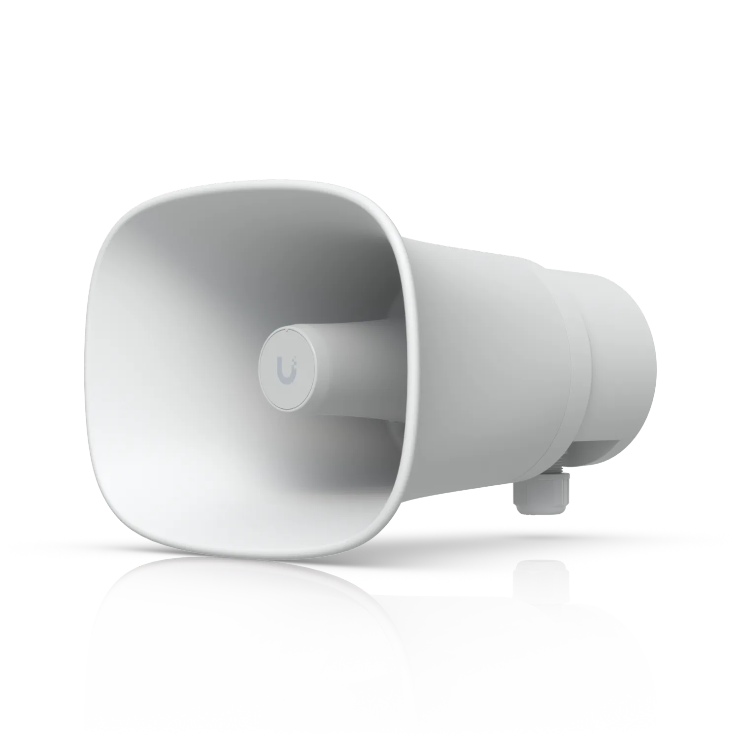 Ubiquiti AI Horn Speaker schwarz, weißer Hornlautsprecher mit Reflektion auf schwarzem Hintergrund und Kabeldurchführung.