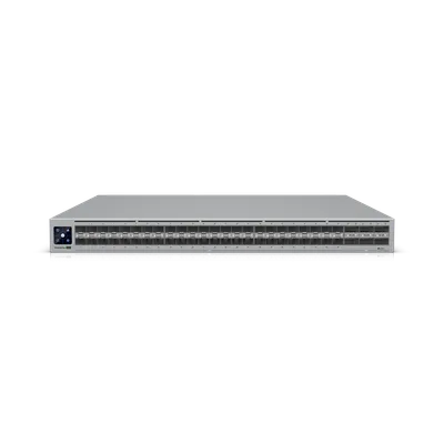Ubiquiti UniFi ECS-Aggregation Layer3-Switch mit 54 Ports (48x SFP28, 6x QSFP28), silbernes 19-Zoll-Rackmount-Gerät mit Ubiquiti UniFi ECS-Aggregation Layer3-Switch mit 54 Ports (48x SFP28, 6x QSFP28), silbernes 19-Zoll-Rackmount-Gerät mit