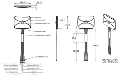 Poynting A-PANL-0431-V1-04 5G/LTE Wide-Omni-Antenne 7,8dBi schwarz mit 2m SMA-Stecker in technischer Zeichnung mit Maßen