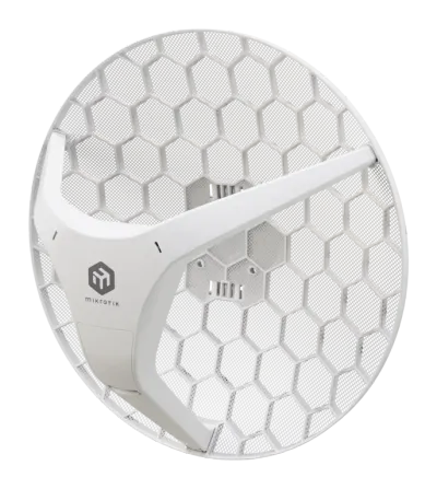 Antenna MikroTik LHG 5 ax con griglia esagonale da 24.5dBi e alloggiamento centrale bianco con logo per connessioni
