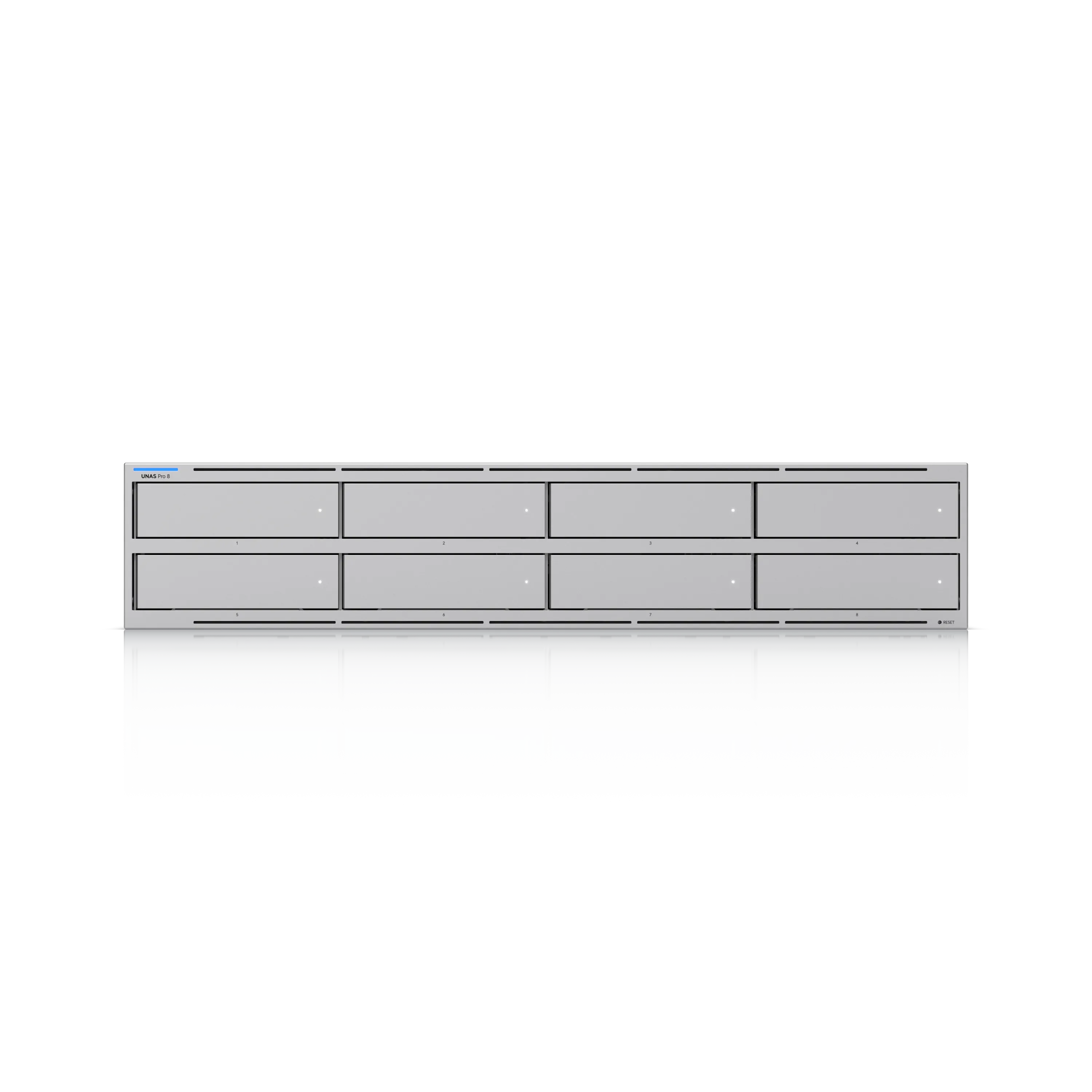 Ubiquiti UNAS-Pro-8 rack-mounted 8-bay network storage device with dual-row drive bays, white chassis, blue label, and