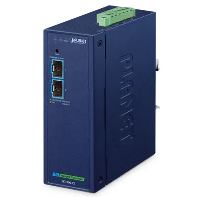 Convertitore media industriale PLANET IXT-900-2X blu con due porte SFP+ LED di stato e blocco terminale verde in vista Convertitore media industriale PLANET IXT-900-2X blu con due porte SFP+ LED di stato e blocco terminale verde in vista