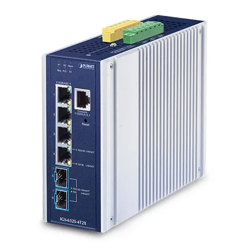 Switch di rete PLANET 4 porte 2.5GBASE-T e 2 SFP+ 10GBASE-X con pannello frontale, LED e alette di raffreddamento per Switch di rete PLANET 4 porte 2.5GBASE-T e 2 SFP+ 10GBASE-X con pannello frontale, LED e alette di raffreddamento per