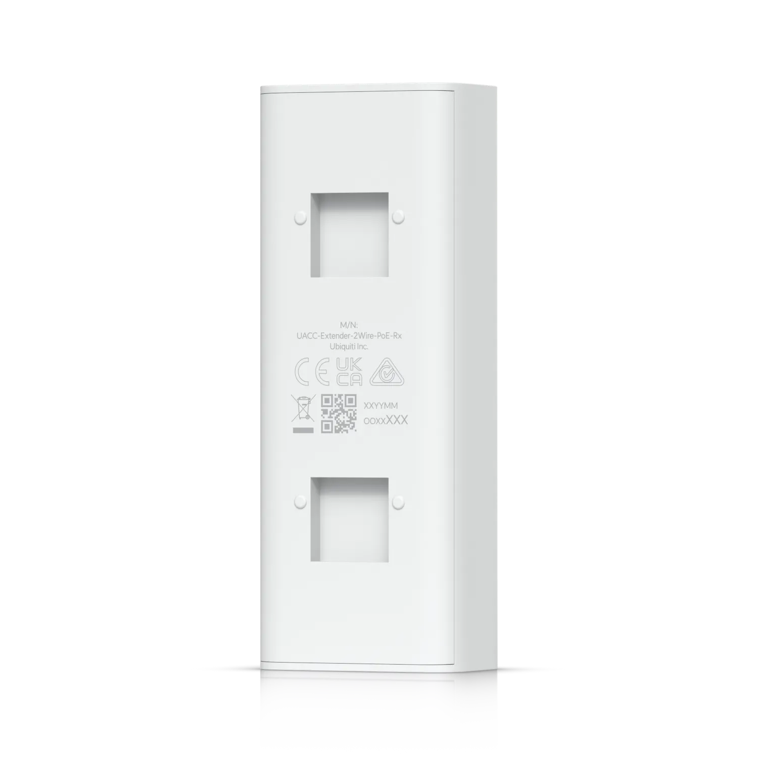 Ubiquiti Access Elevator Starter Kit Rückansicht mit zwei Aussparungen, Typenschild, Zertifizierungen und QR-Code für Ubiquiti Access Elevator Starter Kit Rückansicht mit zwei Aussparungen, Typenschild, Zertifizierungen und QR-Code für