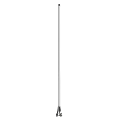 Poynting 5G/LTE-Marineantenne A-OMNI-0914-V1-01 weiß mit 2m N-Typ-Anschluss auf silberner Basis vor schwarzem Hintergrund.