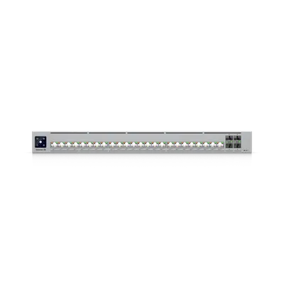 UniFi Enterprise Campus 24S Port Switch mit 10/25/100 GbE Layer-3-Rack-Switch Frontansicht mit SFP+- und RJ45-Ports sowie UniFi Enterprise Campus 24S Port Switch mit 10/25/100 GbE Layer-3-Rack-Switch Frontansicht mit SFP+- und RJ45-Ports sowie