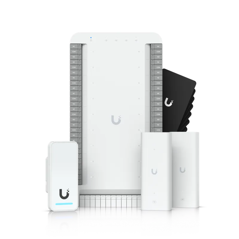 Kit de démarrage Ubiquiti Access Elevator, ensemble de composants réseau blancs sur fond noir incluant panneau de contrôle
