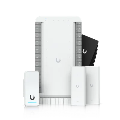 Ubiquiti Access Elevator Starter Kit mit weißer Steuerkonsole, zwei zylindrischen Access Points und schwarzen Karten auf Ubiquiti Access Elevator Starter Kit mit weißer Steuerkonsole, zwei zylindrischen Access Points und schwarzen Karten auf