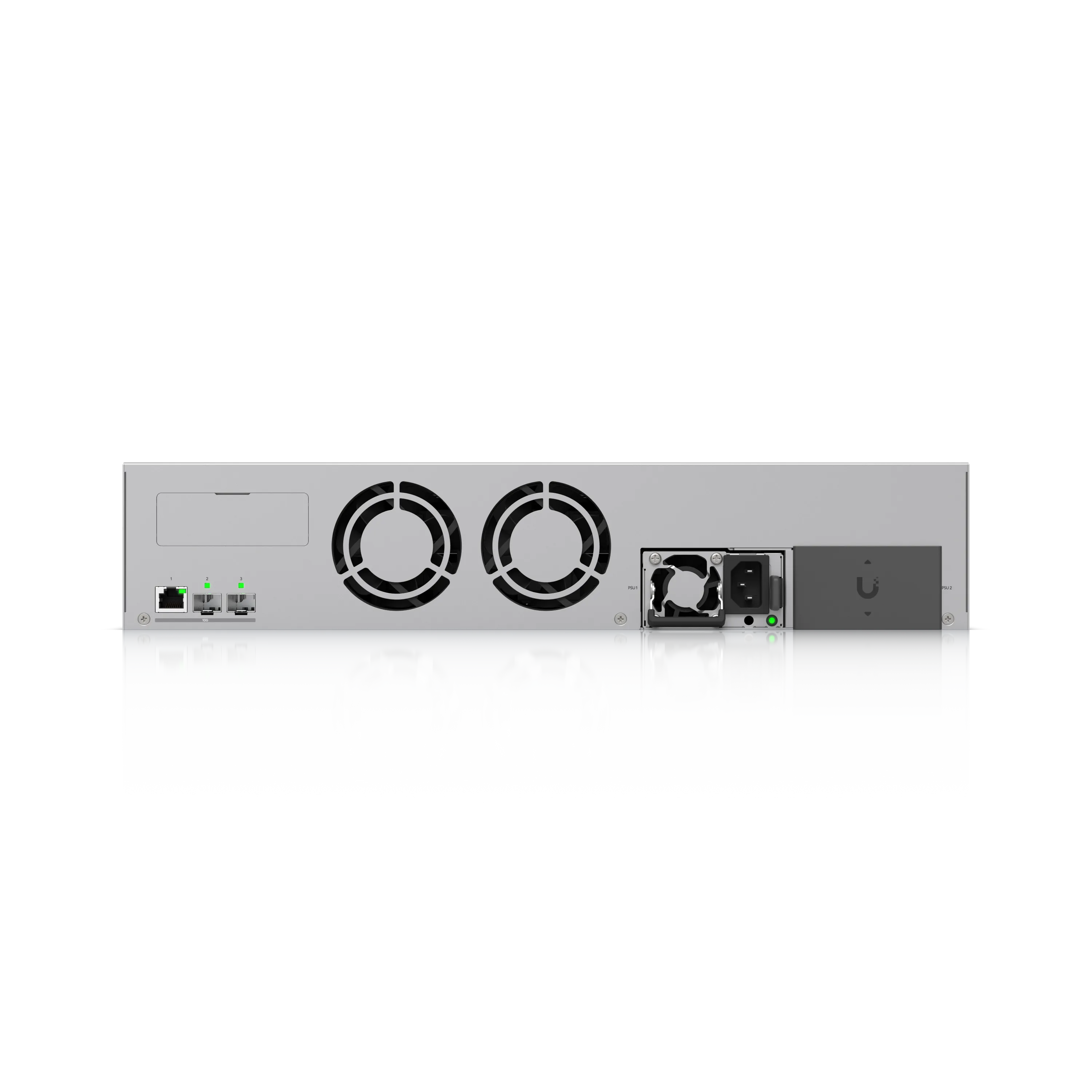 Ubiquiti UNAS-Pro-8 rack-mount server rear view with dual cooling fans, power socket, Ethernet ports, and logo reflected on