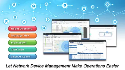 Controlador PLANET Universal Network Management 5-Port con paneles de software mostrando mapas de red, tablas de datos y Controlador PLANET Universal Network Management 5-Port con paneles de software mostrando mapas de red, tablas de datos y