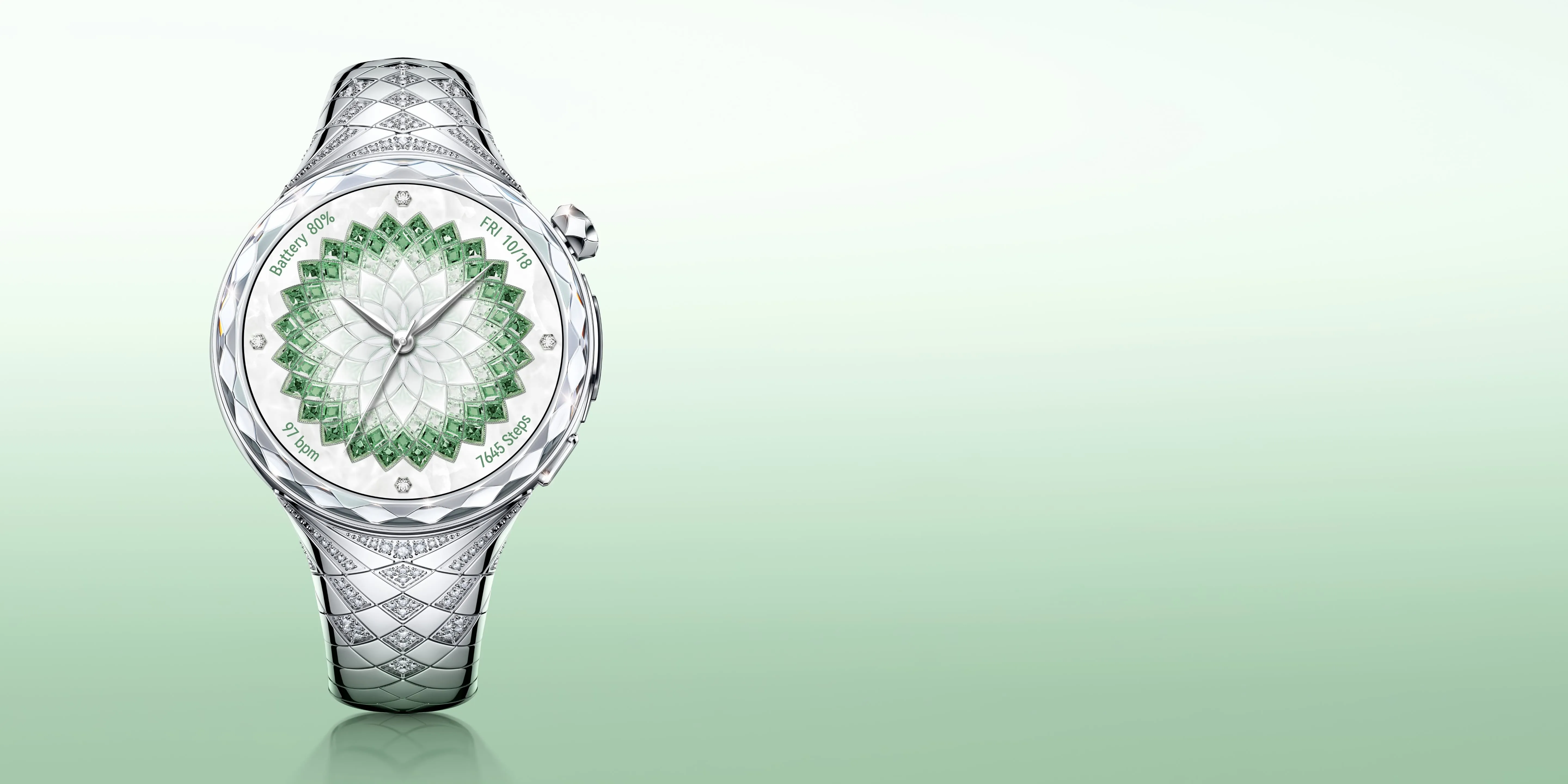 HUAWEI WATCH Ultimate 2 (March-B39) in green, silver smartwatch with metallic linked band showing battery, date, heart