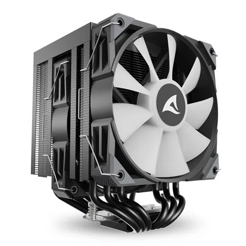Sharkoon CPU-Kühler A60 mit 120mm RGB-Lüfter, schwarzer Turmkühler mit weißen Lüfterblättern, vier Heatpipes und Sharkoon CPU-Kühler A60 mit 120mm RGB-Lüfter, schwarzer Turmkühler mit weißen Lüfterblättern, vier Heatpipes und