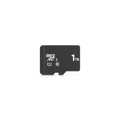 Scheda microSD Ubiquiti MSD-128GB da 128GB in primo piano su sfondo nero con superficie riflettente e simboli di classe di