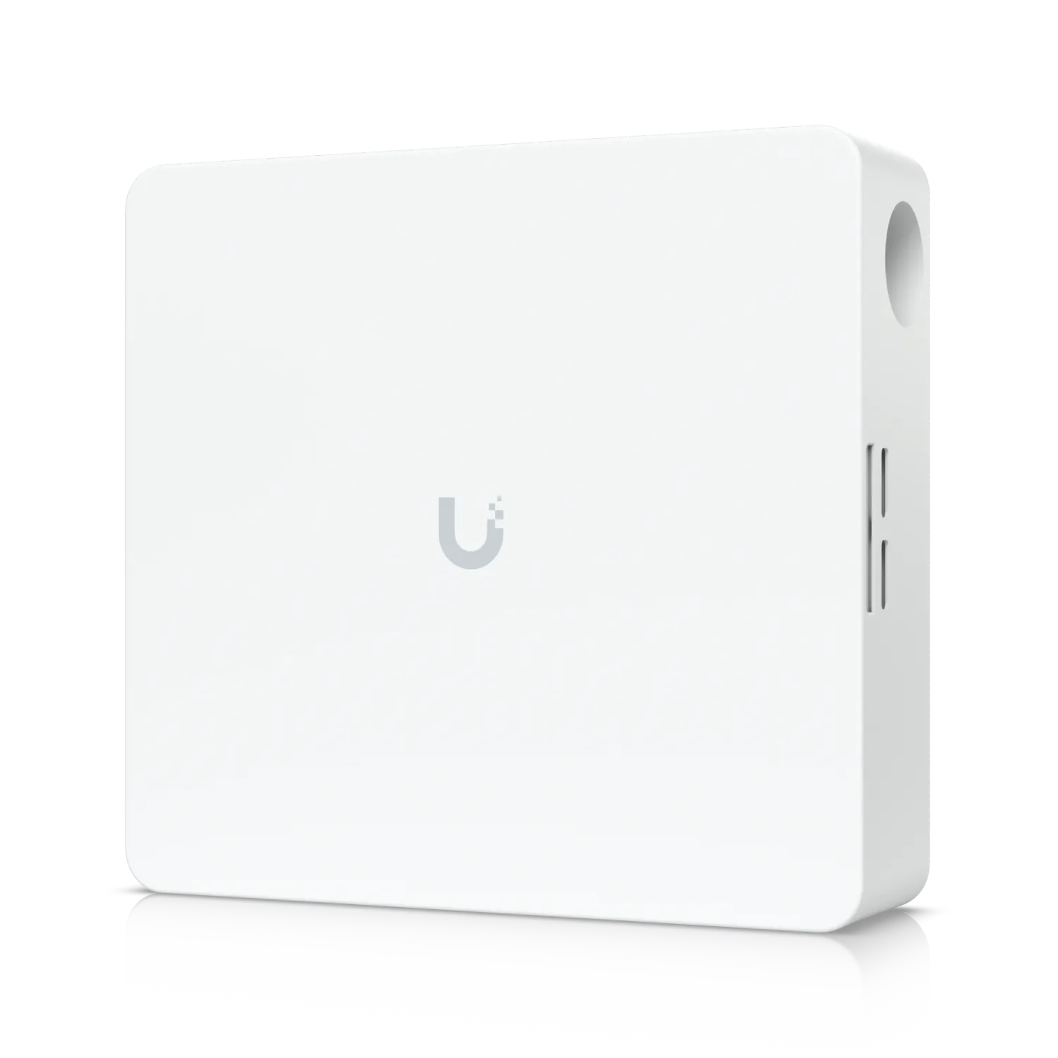 Ubiquiti Access Hub Enterprise Grade Netzwerk-Hub mit abgerundeten Ecken, weißem Gehäuse, Logo und Anschlüssen vor Ubiquiti Access Hub Enterprise Grade Netzwerk-Hub mit abgerundeten Ecken, weißem Gehäuse, Logo und Anschlüssen vor