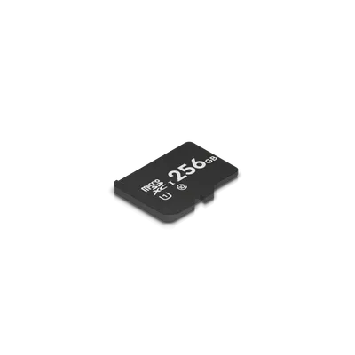 Scheda microSD Ubiquiti MSD-128GB da 128GB in primo piano su sfondo nero con scritta microSDXC I e 256GB.