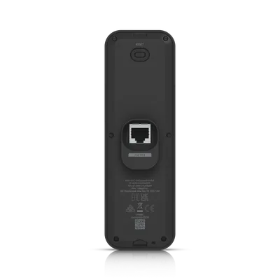 Ubiquiti Unifi Protect G4 Doorbell Pro PoE Kit weiß mit PoE-Anschluss, Reset-Taste und Zertifizierungen auf Rückseite für