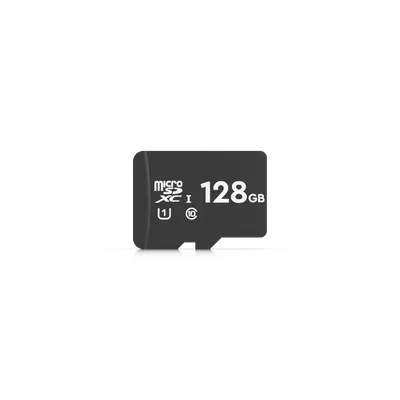 Scheda microSD Ubiquiti MSD-128GB da 128GB classe 10 su sfondo nero riflettente con scritta microSDXC.