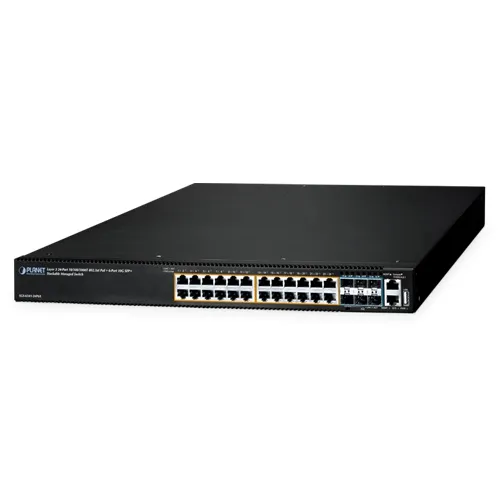 Switch PLANET XGS3-42240ERPS 24 porte 2.5GBASE-T e 4 SFP+ 10G in vista frontale su sfondo neutro per reti aziendali ad alta Switch PLANET XGS3-42240ERPS 24 porte 2.5GBASE-T e 4 SFP+ 10G in vista frontale su sfondo neutro per reti aziendali ad alta
