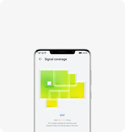 Smartphone mostrando mapa de cobertura de señal WiFi 6 del router Huawei 5G CPE 5S con zonas de intensidad en plano interior Smartphone mostrando mapa de cobertura de señal WiFi 6 del router Huawei 5G CPE 5S con zonas de intensidad en plano interior